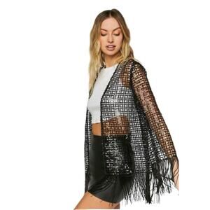 Forever 21 Sequin Open-Knit Fringe Kimono Sz Medium Black Long-Sleeve Sheer NEW